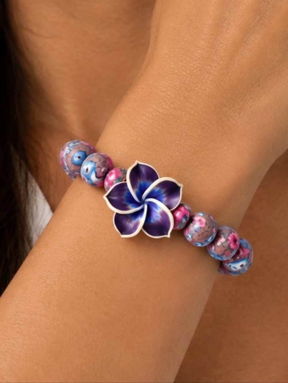 π Floral Beaded Stretch Bracelet Purple Pink Blue Flower Statement Boho